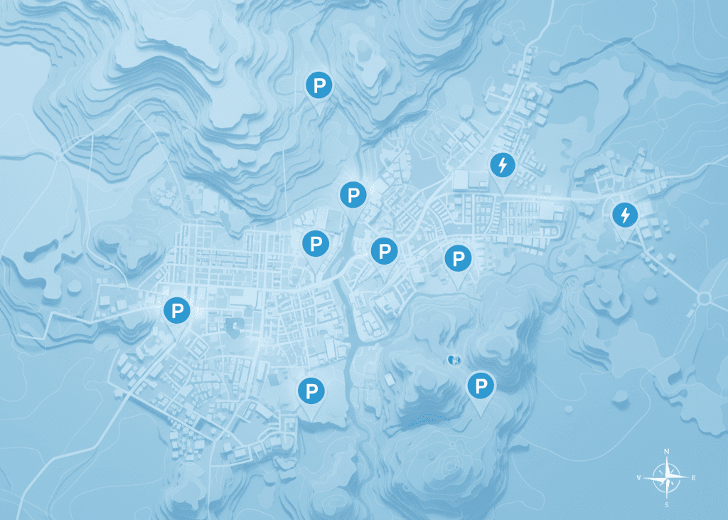 Illustrated city map showing parking and charging icons